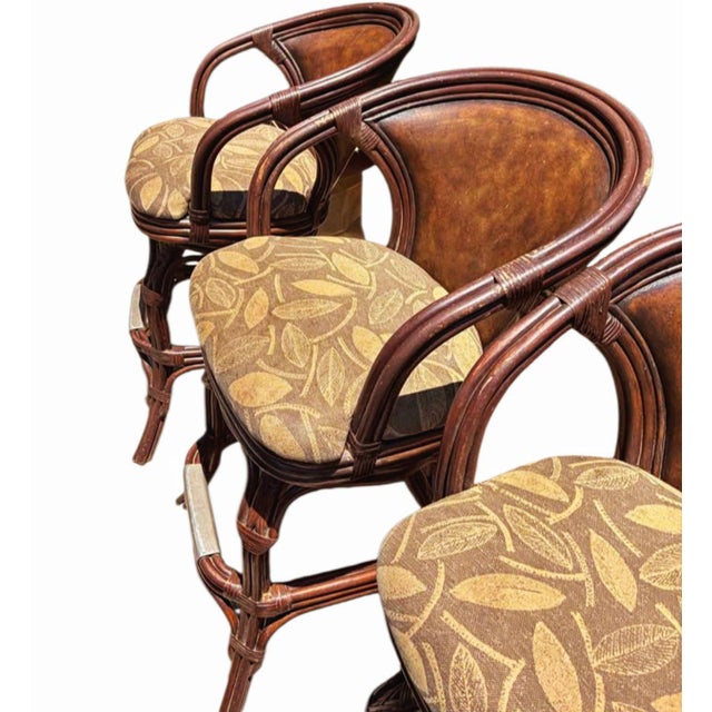 1970s Elevate Your Home Bar With This Set of 3 Premium Hooker Furniture Leather & Rattan Swivel Barstools! For Sale - Image 9 of 10