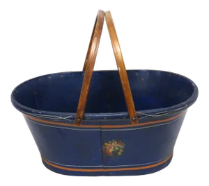 Antique American Carry Basket With Oak Swing Handles in Nice Original Blue Paint