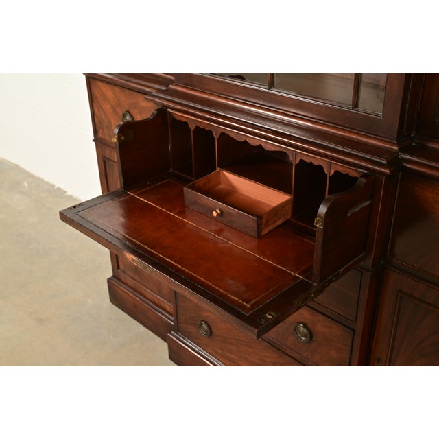 Wood Baker Furniture Georgian Flame Mahogany Bubble Glass Breakfront Bookcase Cabinet With Drop Front Secretary Desk, Circa 1940s For Sale - Image 7 of 14