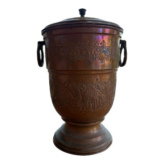 Vintage Hand-Chased Copper Ice Bucket With Lid, Camel and Palm Tree Motif For Sale