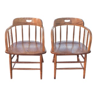 Mid 20th Century Arts and Crafts Firehouse Oak Windsor Chairs, Pair For Sale