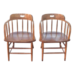 Mid 20th Century Arts and Crafts Firehouse Oak Windsor Chairs, Pair