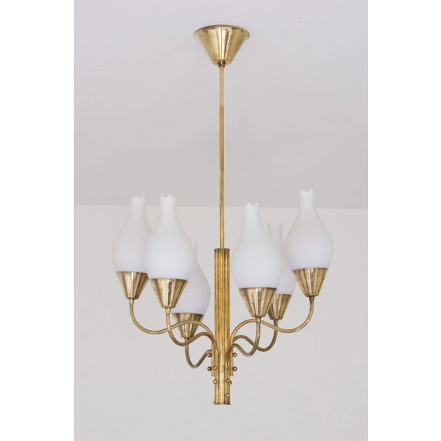 Six Arm Chandelier in Brass and Opal Glass by Edvard Hagman, Sweden, 1956 For Sale - Image 12 of 12