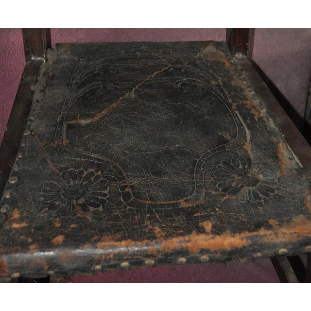 Set of Antique Embossed Leather Dining Chairs, 1900s For Sale - Image 4 of 11