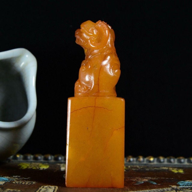 Stone Vintage Chinese Carved Yellow Stone Seal With Guardian Lion Finial For Sale - Image 7 of 9