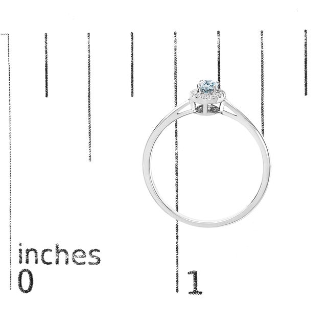 Metal 10K White Gold 5X3MM Oval Blue Aquamarine and Diamond Accent Halo Ring (I-J Color, I1-I2 Clarity) - Ring Size 6 For Sale - Image 7 of 7