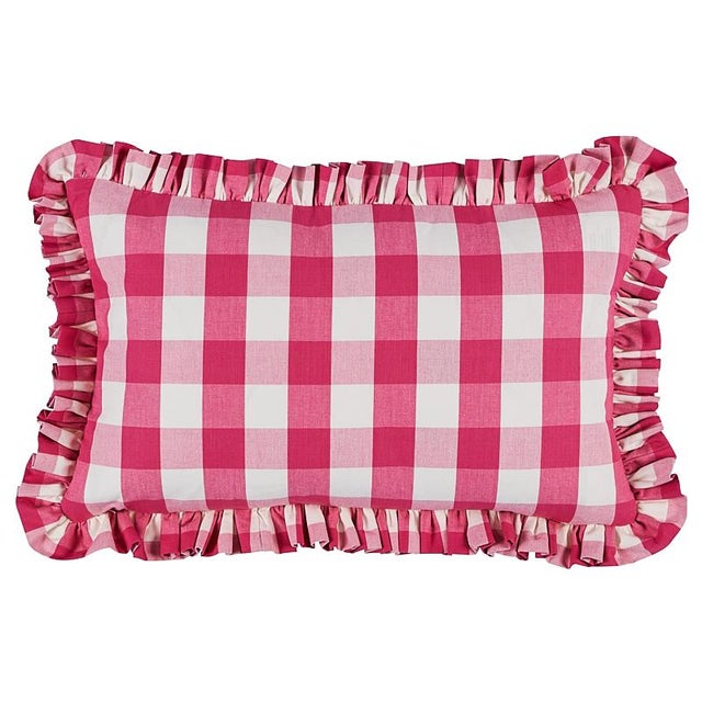 Contemporary Schumacher Camden Cotton Check 22" Lumbar Pillow in Magenta For Sale - Image 3 of 3