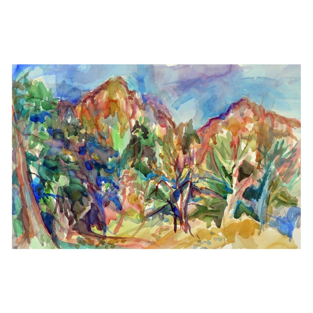 Colorful watercolor painting of abstracted mountains by Aptos, California artist Virginia J. Hughins (American,...