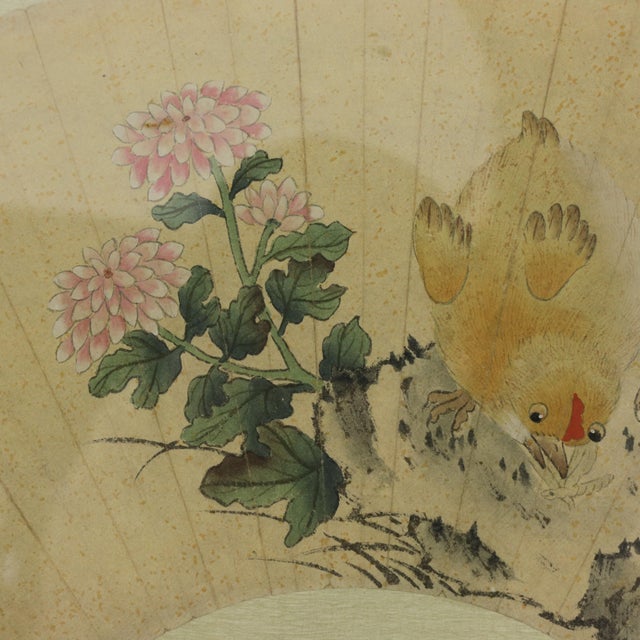 Vintage Chinese Fan Painting Chicks Catching Bugs With Pink Flowers Framed Ink and Color on Paper With Calligraphy For Sale In New York - Image 6 of 11