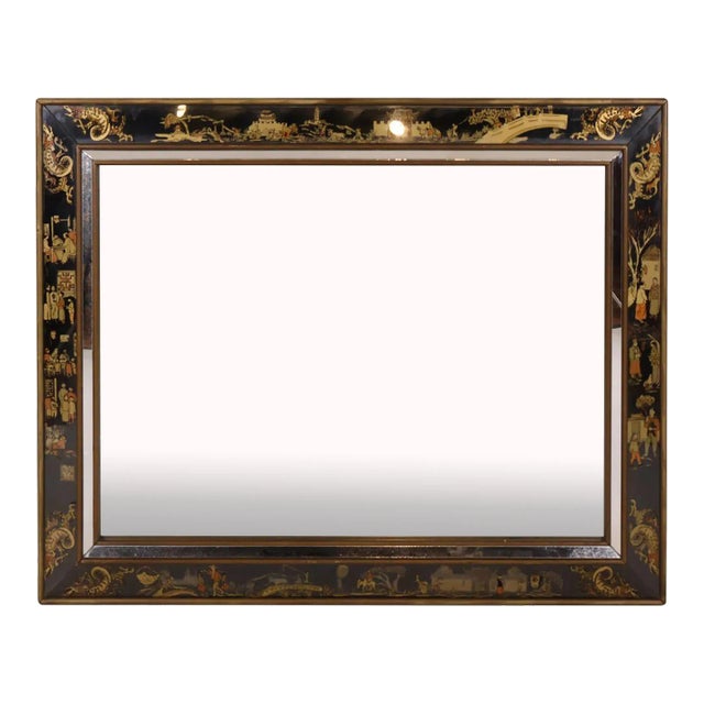 Black Eglomise Mirror With Asian Designs For Sale