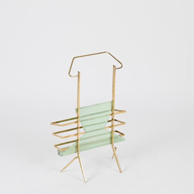 Brass and Perforated Green Metal Magazine Rack attributed to Cesare Lacca, Italy, 1950s For Sale - Image 15 of 18