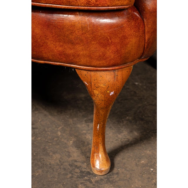 Mid 20th Century Tufted Leather Wingback Armchair in Burnt Amber For Sale - Image 15 of 17