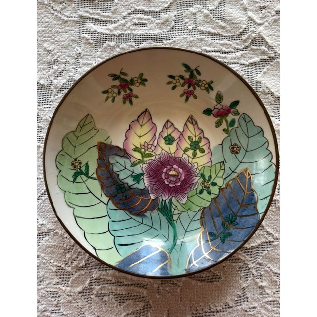 Metal Vintage Hand-Painted Porcelain Floral Chinese Tobacco Leaf Brass Encased Low Bowl For Sale - Image 7 of 8