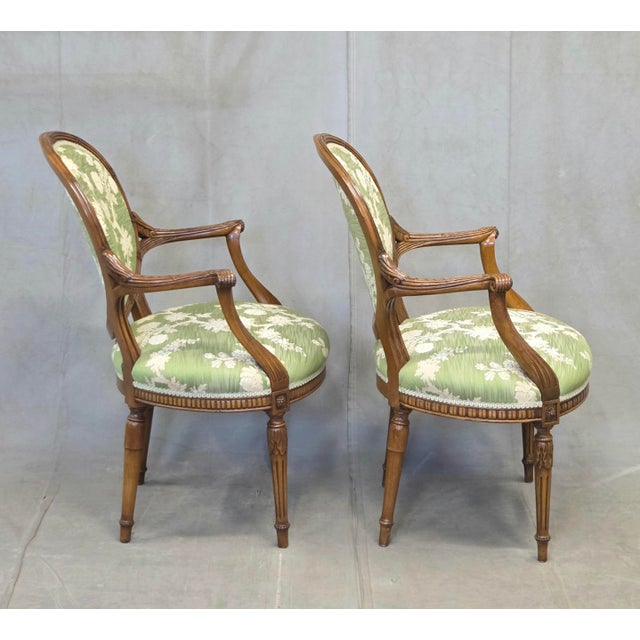 Vintage French Louis XVI Style Armchairs With Green and Cream Upholstery - A Pair For Sale - Image 11 of 12