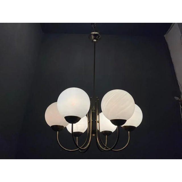 Opaline Glass and Brass Chandelier, 1950s For Sale - Image 6 of 10