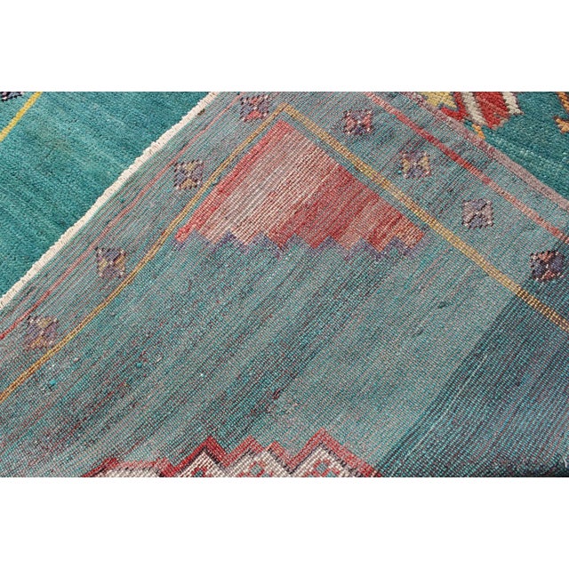 Teal-Colored Oushak Hand Knotted Vintage Turkish Rug With Three Medallions, Red Cornices For Sale - Image 9 of 10
