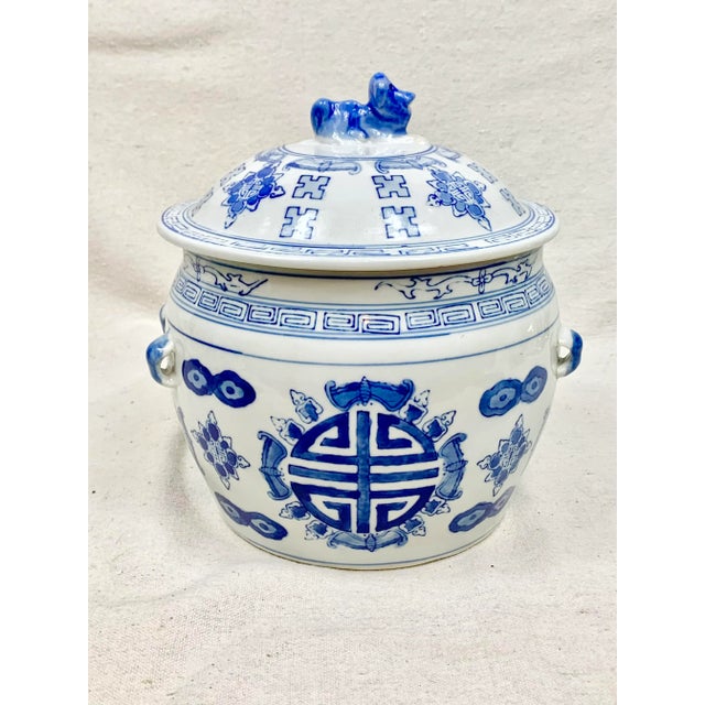 Large Vintage Blue and White Lidded Jar For Sale - Image 13 of 13