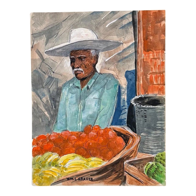 William C Grauer, 1895-1985, Untitled (Fruit Vendor, Mexico) Ink and Watercolor on Paper 1940s For Sale