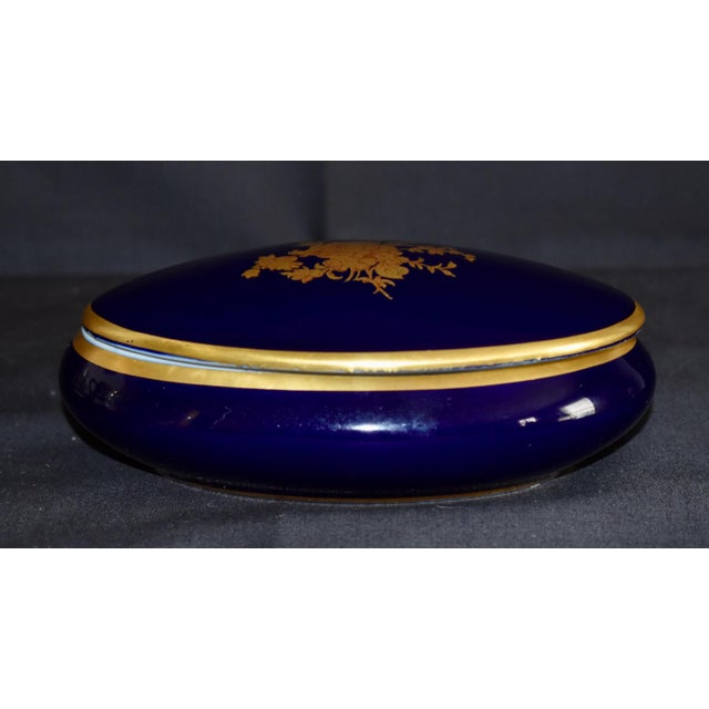 Limoges, France Limoges Oval Trinket Box France Cobalt Blue Porcelain Gold Floral 22k Vintage For Sale - Image 4 of 15