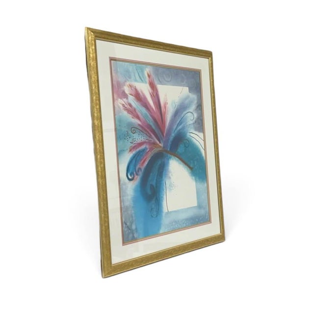 Vintage Framed Abstract Floral Artwork in Blue, Teal and Pink With Gold Frame - Signed For Sale - Image 4 of 5