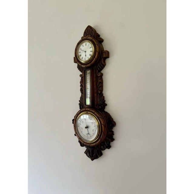 1900 - 1909 Antique Edwardian Carved Oak Banjo Clock Barometer, 1900 For Sale - Image 5 of 7