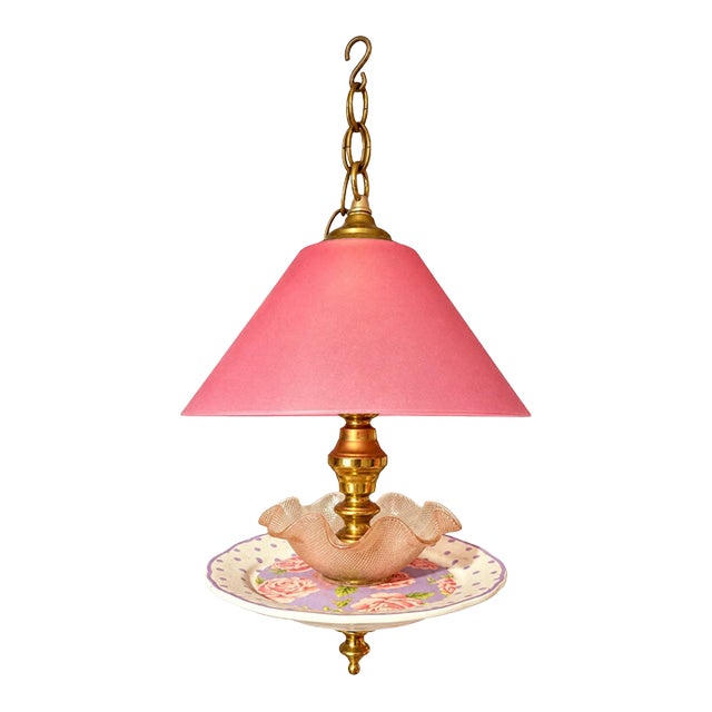 Vintage Hanging Bird Feeder | Pink Shade, Ruffled Glass & Floral Plate For Sale