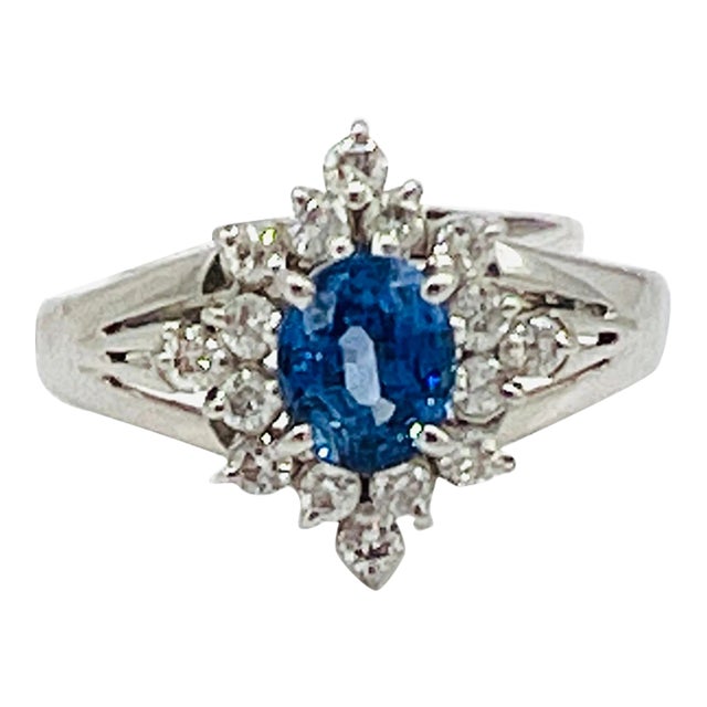 Blue Sapphire Oval and White Diamond Ring in Platinum Size 6.5 For Sale