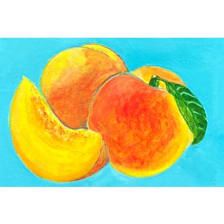 Original Peach Painting – Contemporary Still Life, Small Colorful Kitchen Wall Art, Pink Yellow Fruit Artwork, Modern Interior Decor For Sale