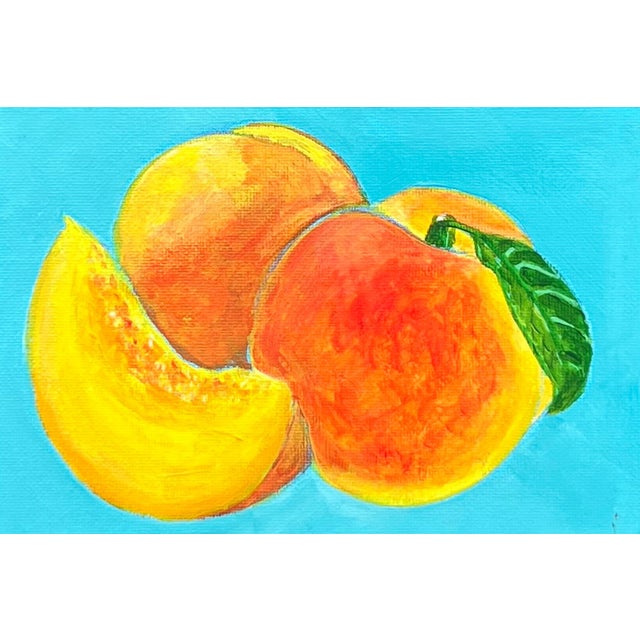 Original Peach Painting – Contemporary Still Life, Small Colorful Kitchen Wall Art, Pink Yellow Fruit Artwork, Modern Interior Decor For Sale