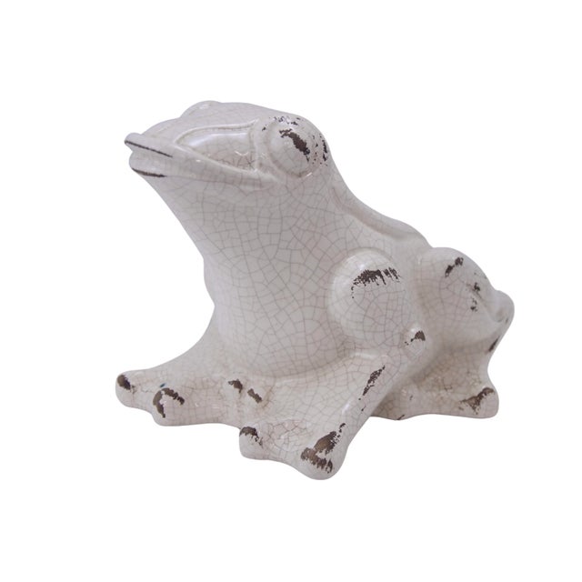 Large seven inch ceramic whimsical frog figurine made by Vietri of Italy in cream off-white with a crackle glaze. Marked...