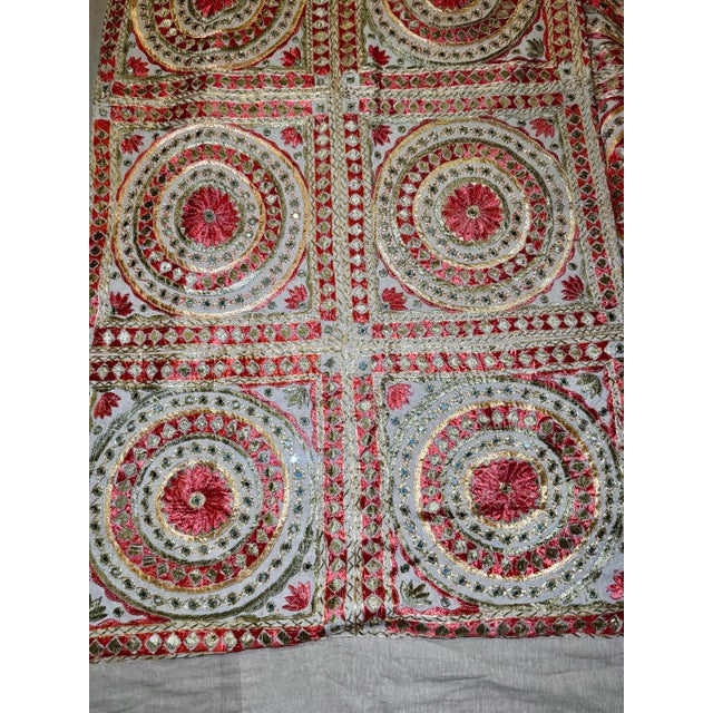 Vintage Indian Silk Mirror Work Embroidered Coverlet / Wall Hanging For Sale - Image 4 of 6