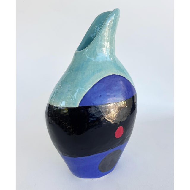 Large Substantial Modernist Studio Pottery Vase with Spout, Seafoam, Blue, Black. Offered for sale is a large and heavy...