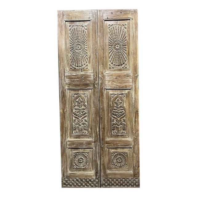 Antique Carved Door Natural Wood Patina With Brass Accents, a Pair For Sale