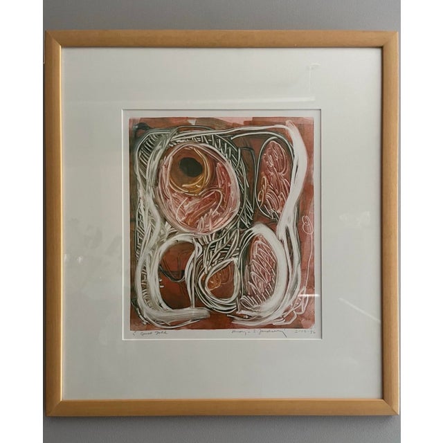 Pink Abstract Organic Mixed Media Painting by Marjorie Schlossman, 19.5” X 21.25”, Signed For Sale - Image 8 of 9