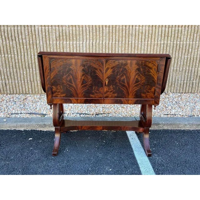 American American Classical Style Lyre Base Flame Mahogany Drop-Leaf Server Cabinet For Sale - Image 3 of 11