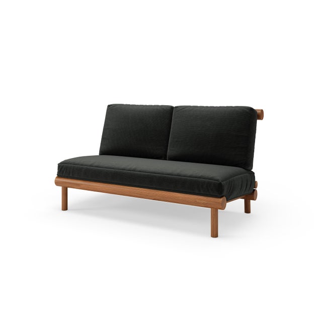 Mid-Century Modern Rishon Teak Outdoor Love Seat - Canvas Black For Sale - Image 3 of 5