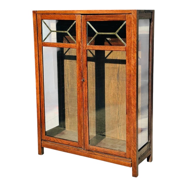 Antique Arts & Crafts Mission Oak Double Door China Cabinet With Leaded Panels For Sale