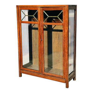 Antique Arts & Crafts Mission Oak Double Door China Cabinet With Leaded Panels