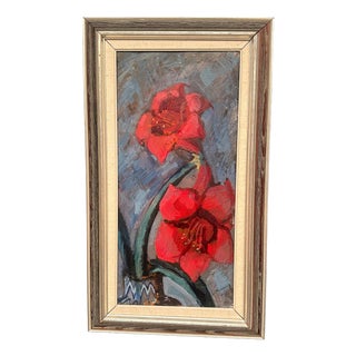 Bertil Wahlberg, Red Flowers, 1950s, Oil on Canvas, Framed For Sale