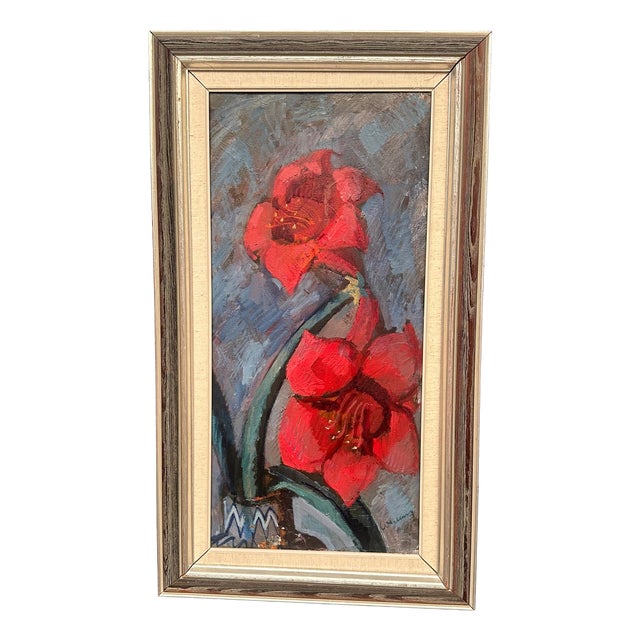 Bertil Wahlberg, Red Flowers, 1950s, Oil on Canvas, Framed For Sale