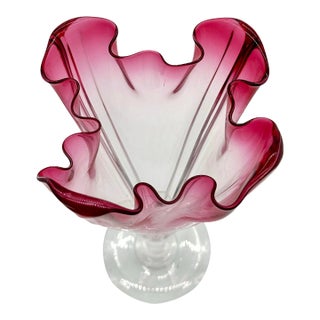 Signed Steuben Floriform Ruffled Cranberry Rim Fading to Clear 9.5"h X 5.5"w For Sale