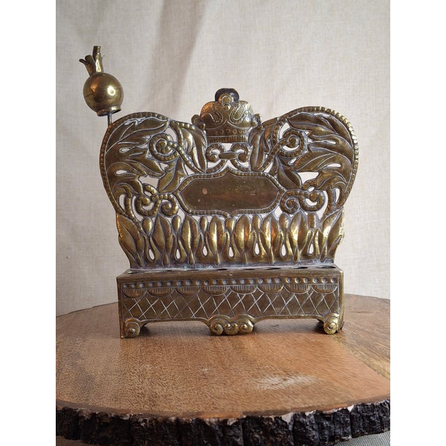 Metal Rare 19thC Polish Brass Hanukkah Menorah Oil Lamp Crown Lions Judaica For Sale - Image 7 of 12