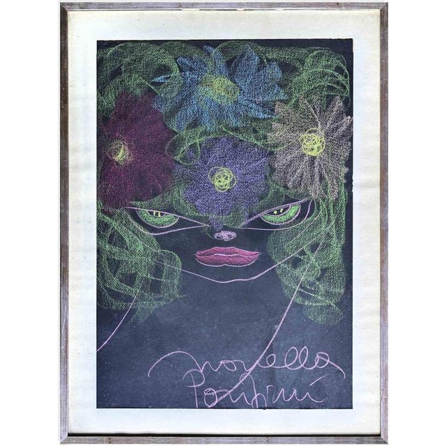 Novella Parigini, Portrait Drawing, 1970s, Oil Pastel on Cardboard, Framed For Sale - Image 4 of 4