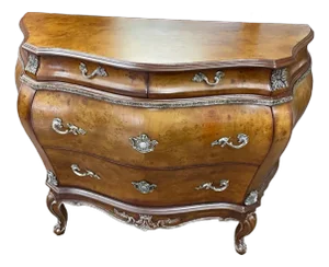 Large Vintage Bombay Style Burl Wood Chest of Drawers, Silver Accents, 4 Drawers