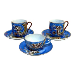 Moriage Dragonware Porcelain Japanese Cups & Saucers Set of 3 For Sale