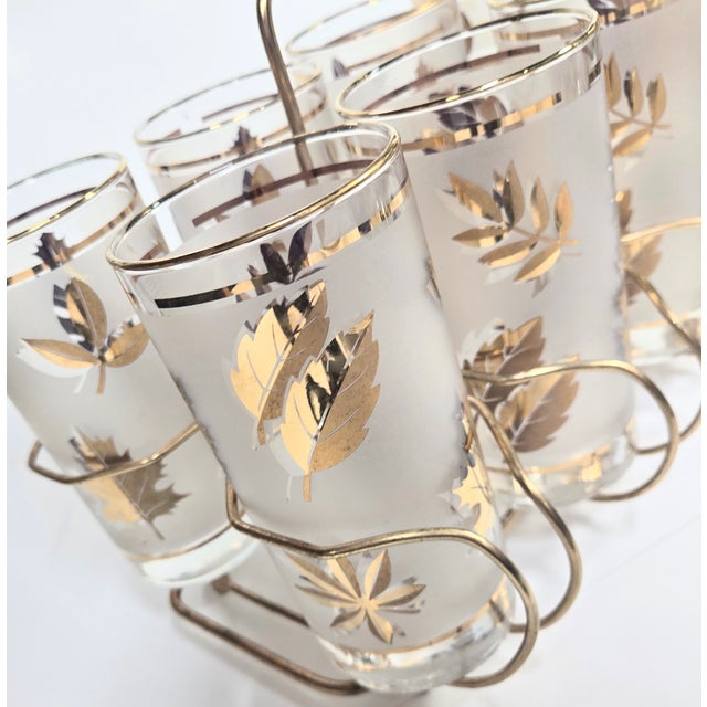 Hollywood Regency Gold Leaf Tumblers and Carrier- Set of Nine For Sale - Image 15 of 18