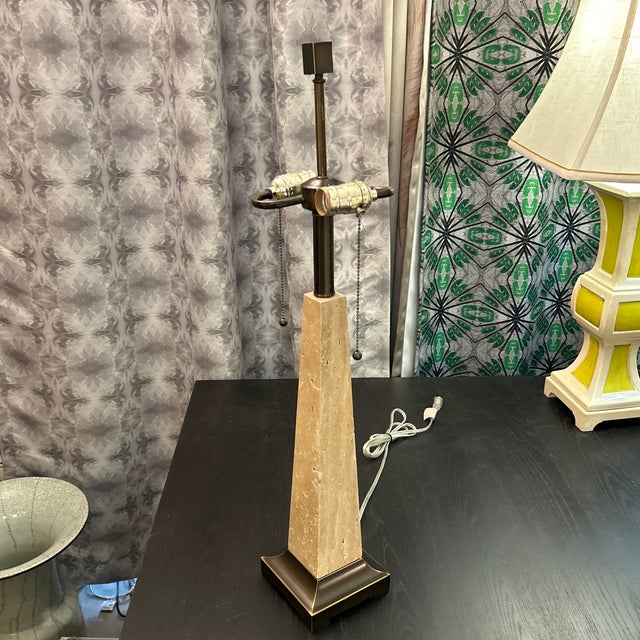 Traditional Travertine and Bronze Finish Obelisk Shape Table Lamp For Sale - Image 3 of 11