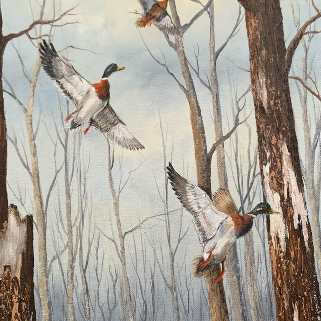 Late 20th Century Late 20th Century Painting Mallards in Flight Oil on Canvas Duck in Hunting Scene Signed J.Lutz Wildlife Art Decor For Sale - Image 5 of 6