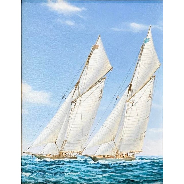 Nautical Original Nautical Sailboat Oil Painting in Custom Gold Frame, 14 X 16 by Matt Thomas For Sale - Image 3 of 4