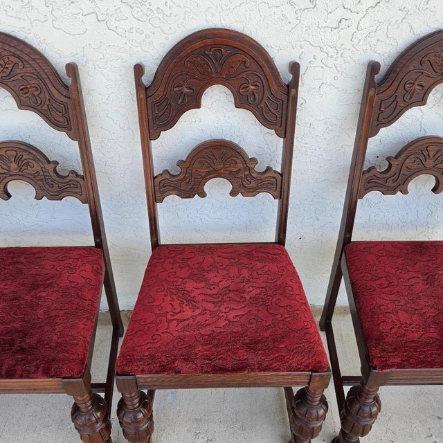 Wood Antique English Oak Tudor Jacobean Dining Chairs 1930's Set of 4 For Sale - Image 7 of 18